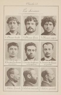 Nine men's heads, arranged by their hair, Les cheveux, page, photomechanical print, Six in front