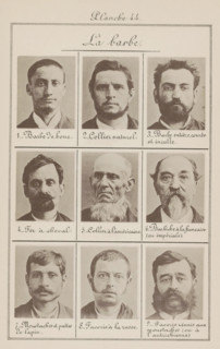 La barbe, Nine men's heads in front view, arranged on their beards, page, photomechanical print,
