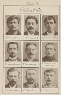 Globes et Orbites, Nine male heads in front view, arranged according to the shape of their eyes and