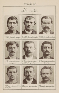 Les rides, Nine men's heads in front view, arranged on their forehead wrinkles, page,