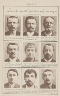 Nine male heads in front view, arranged on their forehead wrinkles during facial expressions, Les