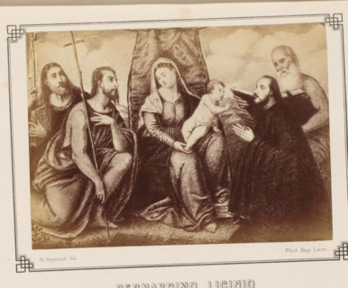 Photo reproduction of a print or painting of Mary with Christ and four men by probably Bernardino