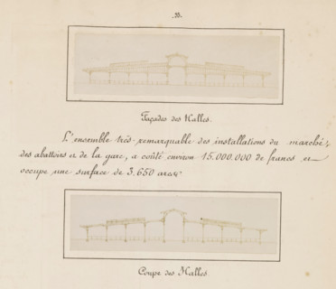 Coupe des halls, Façades des halles, Two photographic reproductions of cross-sections of the Berlin