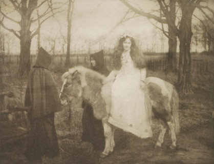 Woman in the Amazon sitting on a horse with two people dressed in monks' robes next to it, L'Église