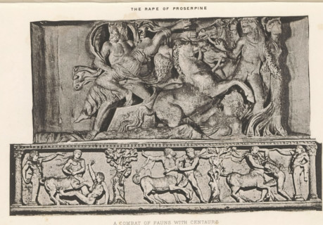 Two details of reliefs, depicting Pluto and Proserpine and a battle between fauns and centaurs, The