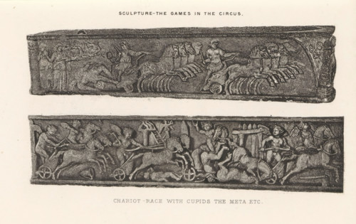 Sculpture - The games in the circus. Chariot-race with cupids the meta etc, Two reliefs of