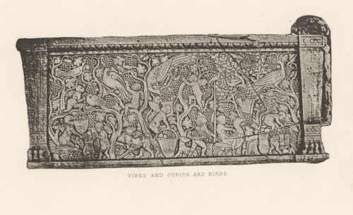 Relief of a sarcophagus, depicting putti with birds in a vineyard, Vines and cupids and birds,