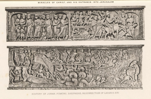 Two reliefs of sarcophagi, depicting episodes from the life of Christ and the story of Jonah,