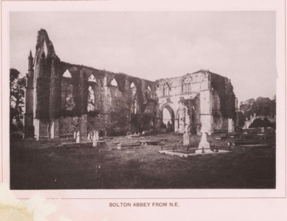 Bolton Abbey from NE, page, photomechanical print, c. 1890 - c. 1900, textile materials, linen