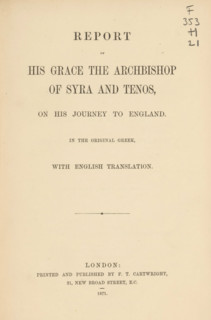 Report of his grace the Archbishop of Syria and Tenos on his journey to England, book, inscription: