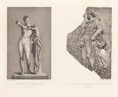 Sculpture of Hermes with the child Dionysos and a relief of a dancer, Danseuse du théatre de