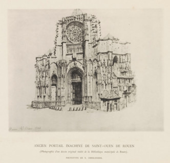 Photo reproduction of a drawing depicting the entrance portal to the Abbey Church of Saint-Ouen in