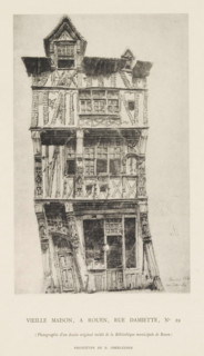 Photo reproduction of a drawing depicting an exterior of a house at Rue Damiette 29 in Rouen,