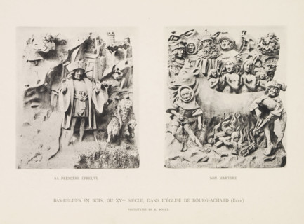 Son martyre, Two bas reliefs from the Église Saint-Lô in Bourg-Achard, depicting the ordeal and