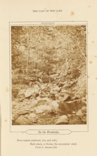 Stream with wooded banks in the Trossachs, In the Trossachs, photograph, page, inscription: 'Boon