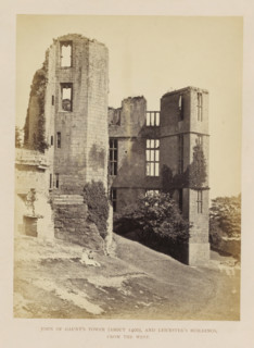View of ruins of towers of Kenilworth Castle, John of Gaunt's Tower (About 1400), and Leicester's