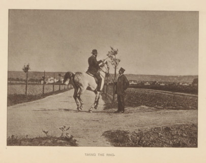 Man riding a horse and presumably participating in ring jousting, Taking the ring, page,
