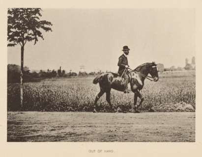 Out of hand, Man on a horse in front of a meadow, page, photomechanical print, cliché maker: