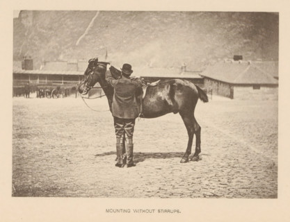 Mounting without Stirrups, Man mounting a horse without using the stirrups, page, photomechanical