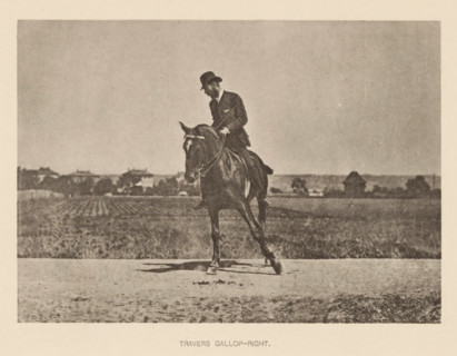 Man on a horse in sideways gallop, Travers gallop-right, page, photomechanical print, cliché maker: