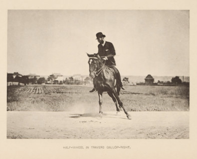 Half-wheel in travers gallop-right, Man on a horse in sideways gallop, page, photomechanical print,