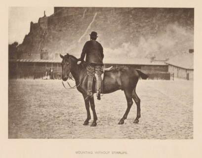 Mounting without Stirrups, Man mounting a horse without using the stirrups, page, photomechanical
