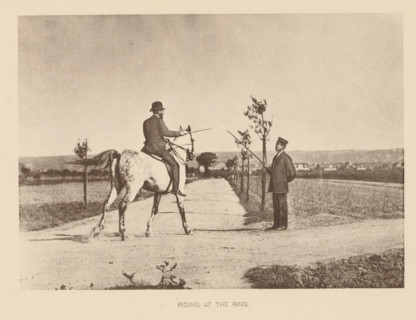 Man riding a horse and presumably going to joust, Riding at the ring, page, photomechanical print,
