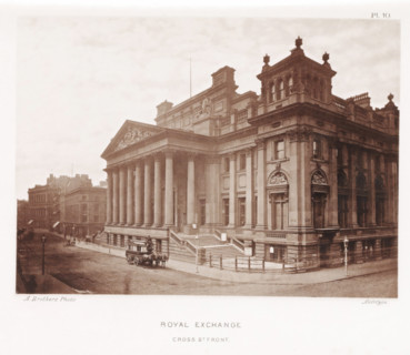 View of the Royal Exchange in Manchester, Royal Exchange Cross St. front, page, photomechanical