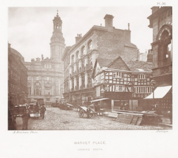 Market Place, looking south, View of Market Place in Manchester with a view of the tower of the
