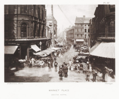 View of Market Place in Manchester, Market Place, looking north, page, photomechanical print,