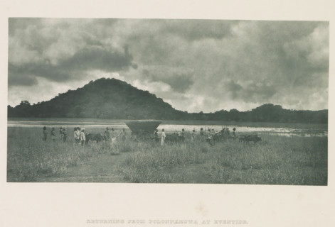 Tour group with bullock carts in Minneriya, Sri Lanka, page, photomechanical print, title: