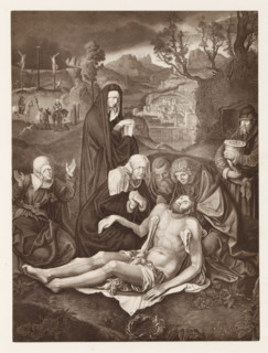 Photo reproduction of a print after a painting, depicting the Descent from the Cross, photograph,