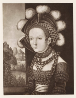 Photo reproduction of a print after a painting, depicting a lady-in-waiting dressed as Salomé,