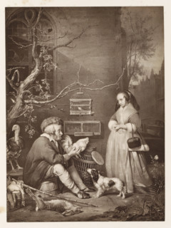Photo reproduction of a print after a painting, depicting an old man selling birds, photograph,