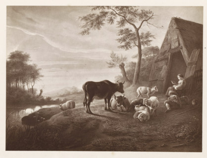Photo reproduction of a print after a painting, depicting a herd with a shepherd in a meadow at