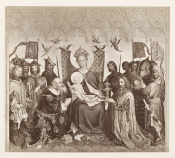 Photo reproduction of a print after a painting, depicting the Adoration of the Magi, photograph,