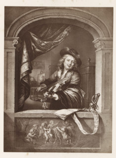 Photo reproduction of a print after a painting, depicting a violin player, photograph,