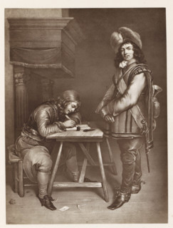 Photo reproduction of a print after a painting, depicting an officer writing a letter and a