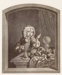 Photo reproduction of a print after a painting, depicting a boy blowing bubbles, photograph,