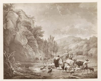 Photo reproduction of a painting, depicting a company crossing a river, photograph, reproduction,