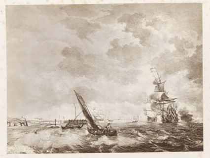 Photo reproduction of a print after a painting, depicting ships at sea, photograph, reproduction,