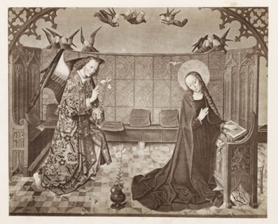 Photo reproduction of a print after a painting, depicting the Annunciation, photograph,