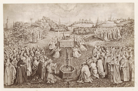 Photo reproduction of a print after a painting, depicting Luke drawing the Madonna, photograph,