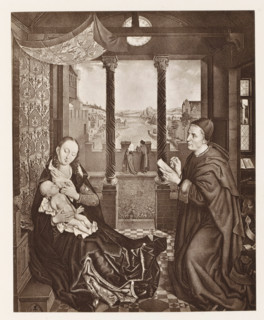 Photo reproduction of a print of a painting, depicting the Adoration of the Magi, photograph,