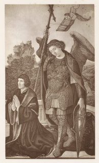 Photo reproduction of a print of a painting, depicting the Archangel Michael, photograph,