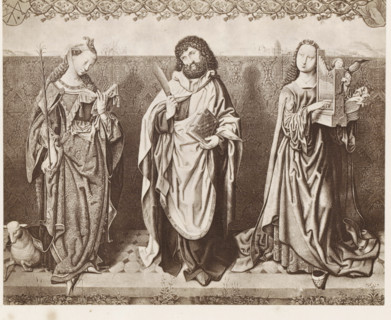 Photo reproduction of a print of a painting depicting Saint Bartholomew, Agnes and Cecilia,
