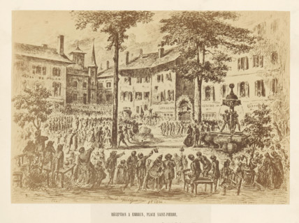 Photo reproduction of a drawing of a reception in Embrun after the unveiling ceremony of the statue