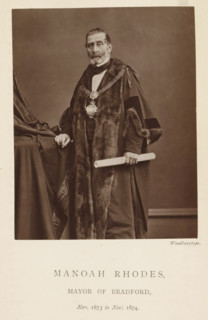 Portrait of Manoah Rhodes, Manoah Rhodes, mayor of Bradford, page, photomechanical print,