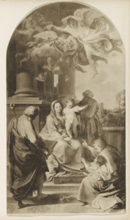 Photo reproduction of a painting depicting Mary with Child and saints, reproduction, page,