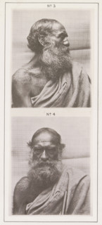 Two portraits of an old Todaman, page, photomechanical print, Above a profile photo, below a front